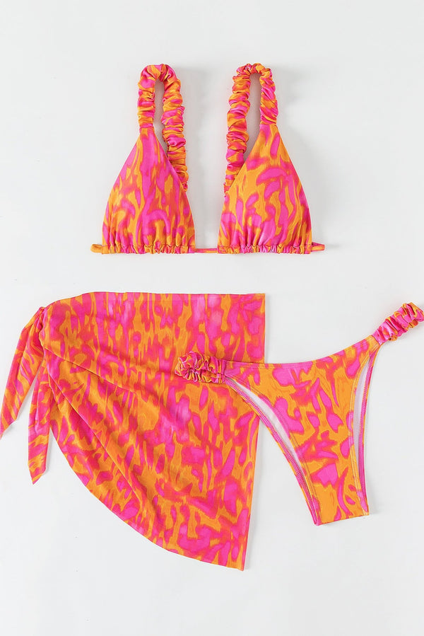 Orange Leopard Narrow Triangle Cheeky Cover-Up Sexy 3Pc Swimsuit Set