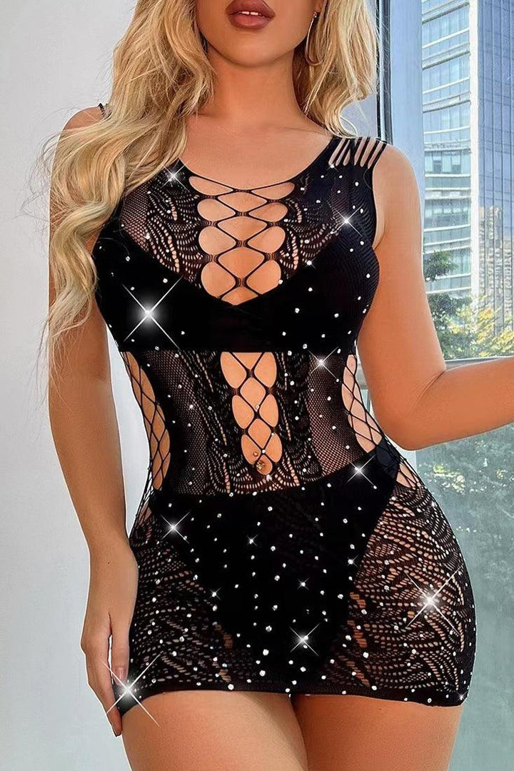 Black  Rhinestone Netted Stretchy Sexy Mini Dress