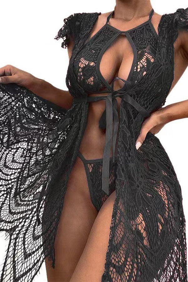 Black Lace Strappy Halter Cut Out 3 Pc Lingerie Set SF003