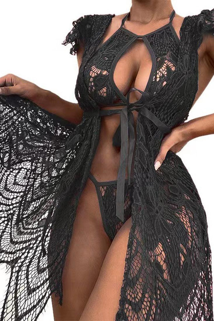 Black Lace Strappy Halter Cut Out 3 Pc Lingerie Set SF003
