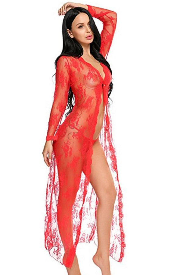 Red Lace Floor Length 2Pc Robe Thong Sexy Lingerie