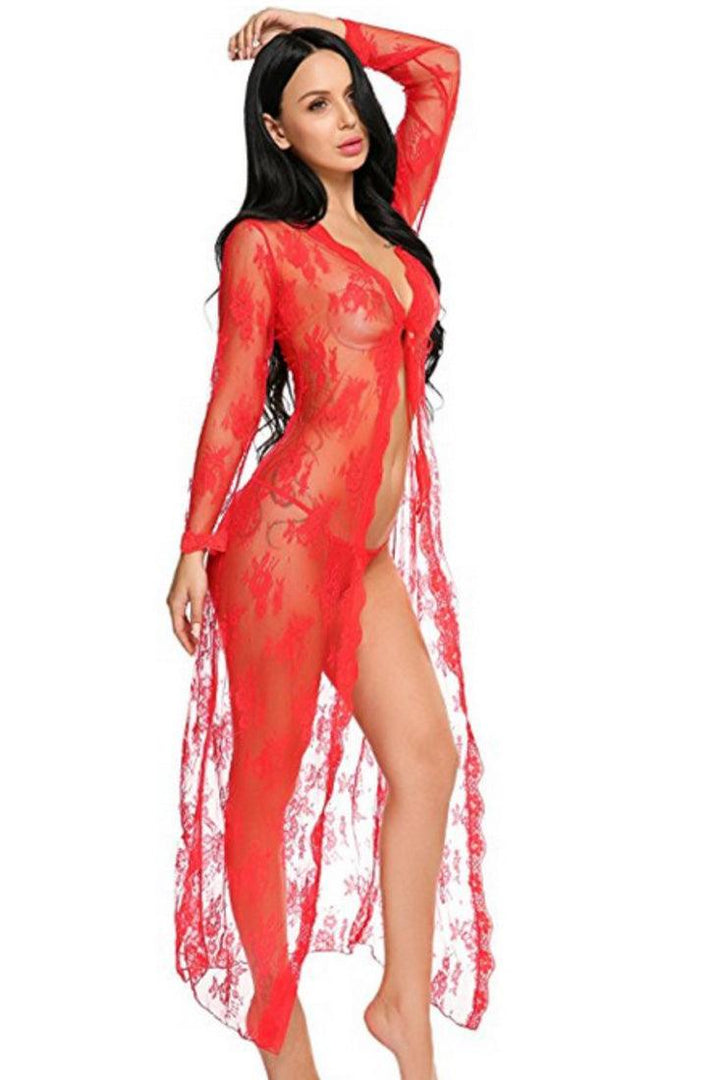 Red Lace Floor Length 2Pc Robe Thong Sexy Lingerie