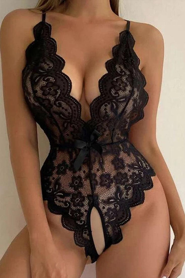 Black Lace Deep V Crotchless Thong Sexy Lingerie Bodysuit