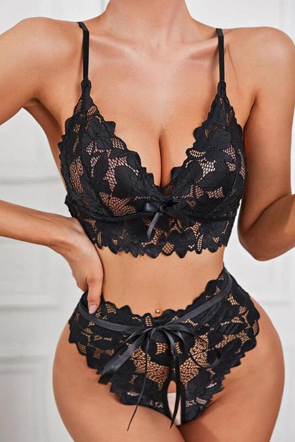 Black Lace Top Crotchless Shorts 2Pc Sexy Lingerie Set