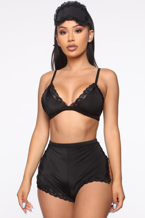 Black Lace Trim 3Pc Pajamas Sexy Lingerie Sleep Set