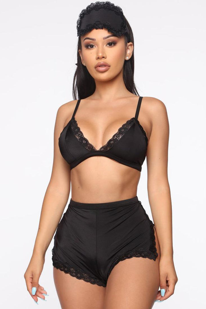 Black Lace Trim 3Pc Pajamas Sexy Lingerie Sleep Set