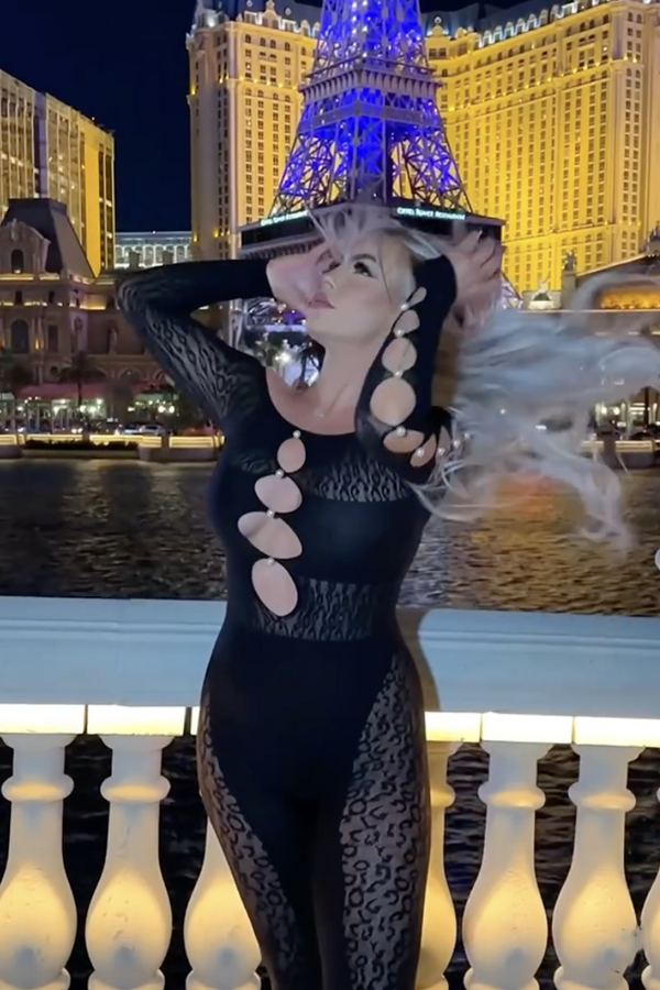 Sexy Black Stretchy Netted Pearl Button Bodysuit Jumpsuit