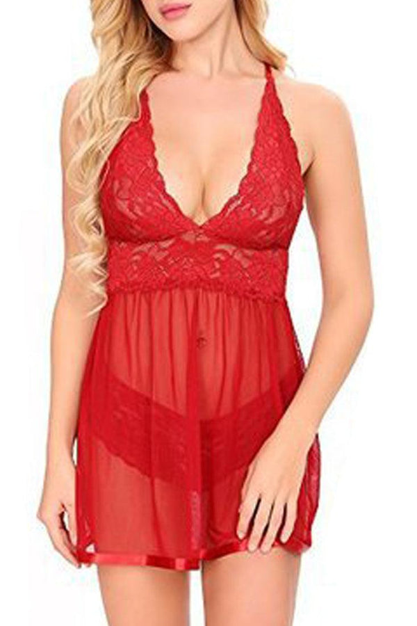 Red Lace Mesh Teddy Babydoll Underwear 2Pc Lingerie Set