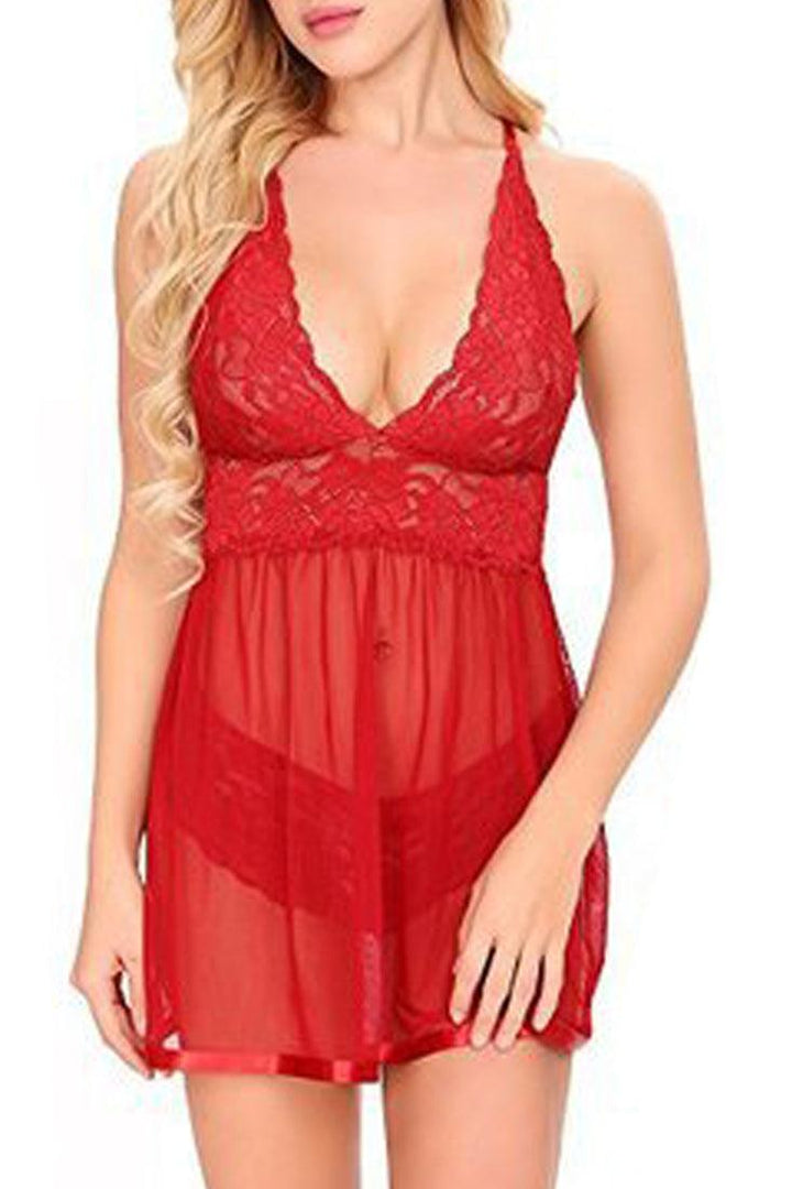 Red Lace Mesh Teddy Babydoll Underwear 2Pc Lingerie Set
