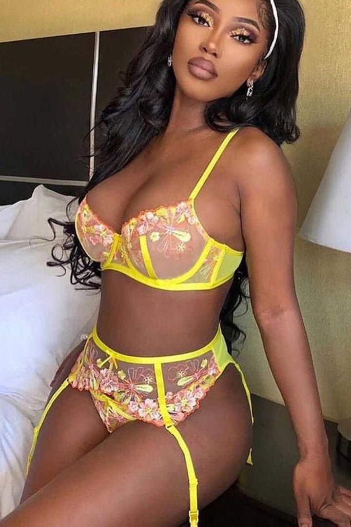 Yellow Flower Embroider Lace Garter Belt Thong 3Pc Lingerie Set