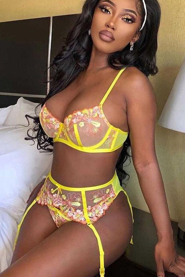 Yellow Flower Embroider Lace Garter Belt Thong 3Pc Lingerie Set