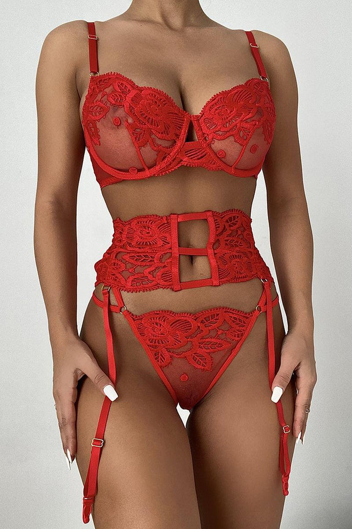 Red Floral Lace Mesh Sheer Strappy Bra Thong Garter Belt 3Pc Lingerie Set