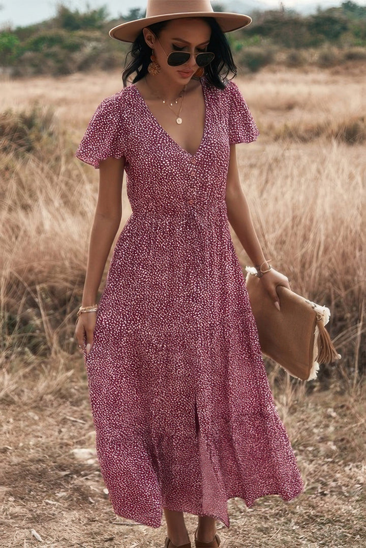 V Neck Polka Dot Short Sleeve Dress