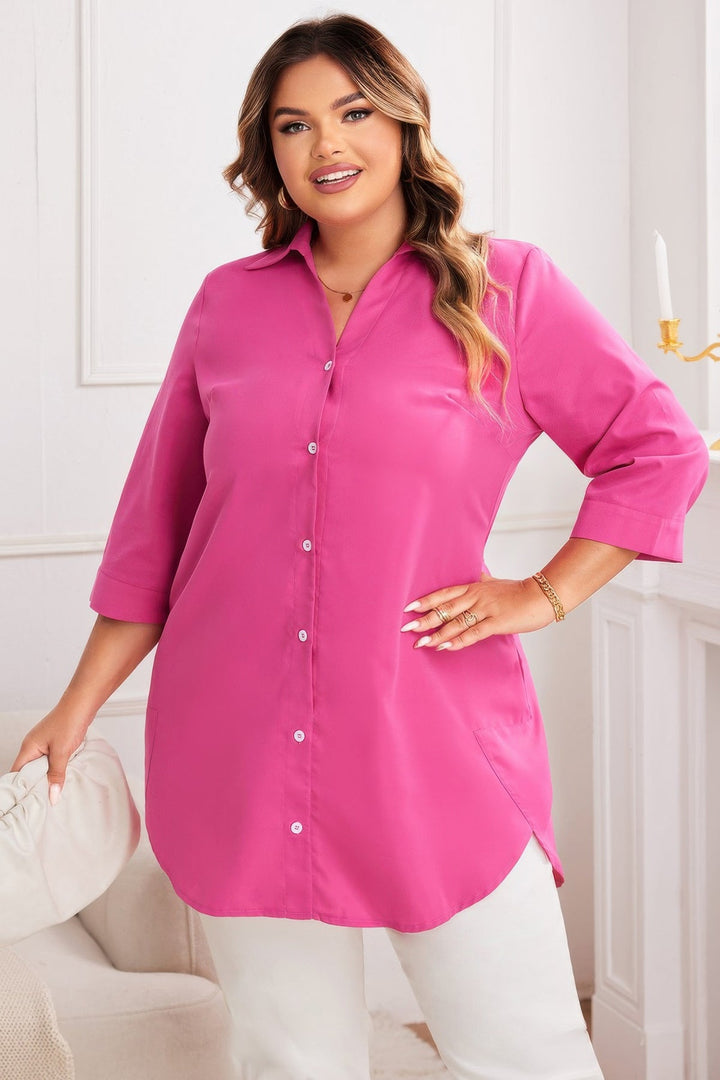 Plus A Line Button Loose Fit Pockets Solid Dress