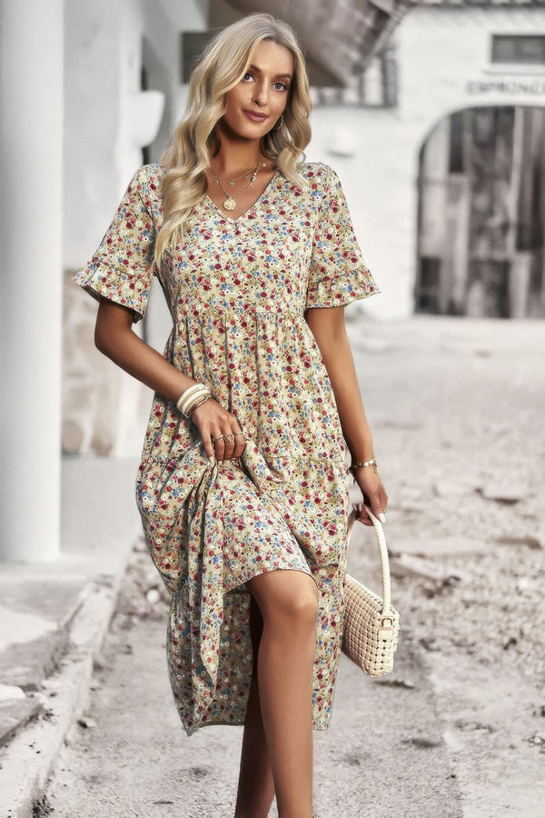 Boho Floral Ruffle Hem V Neck Short Sleeve Dress