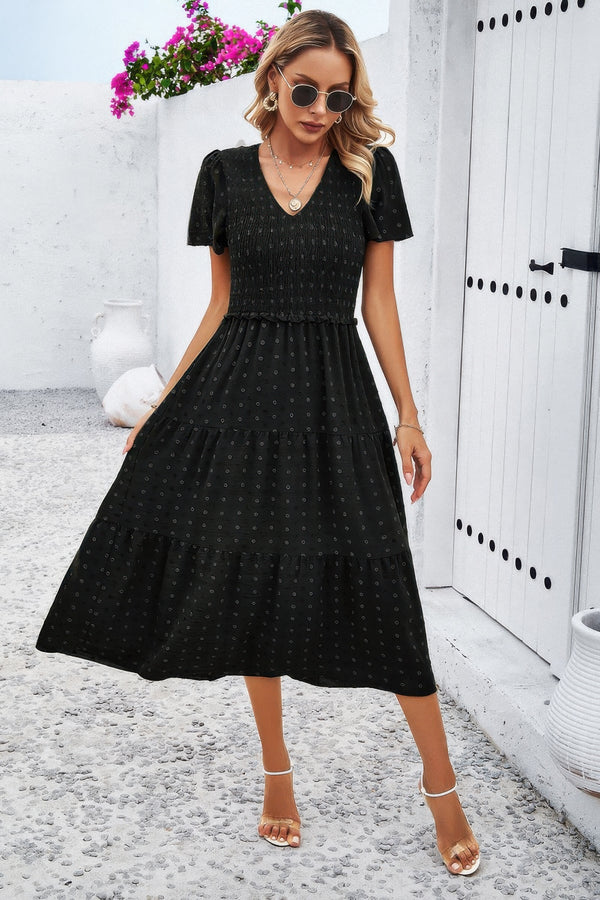 Elegant Ruched V Neck Short Sleeve Pleated Dress