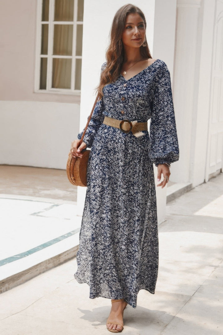 Floral V Neck Long Sleeve Full Dress