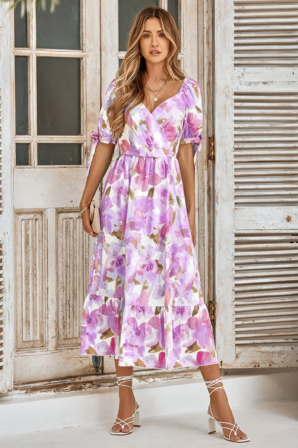 Floral Paint Short Sleeve Tie Cuff Surplice Dress