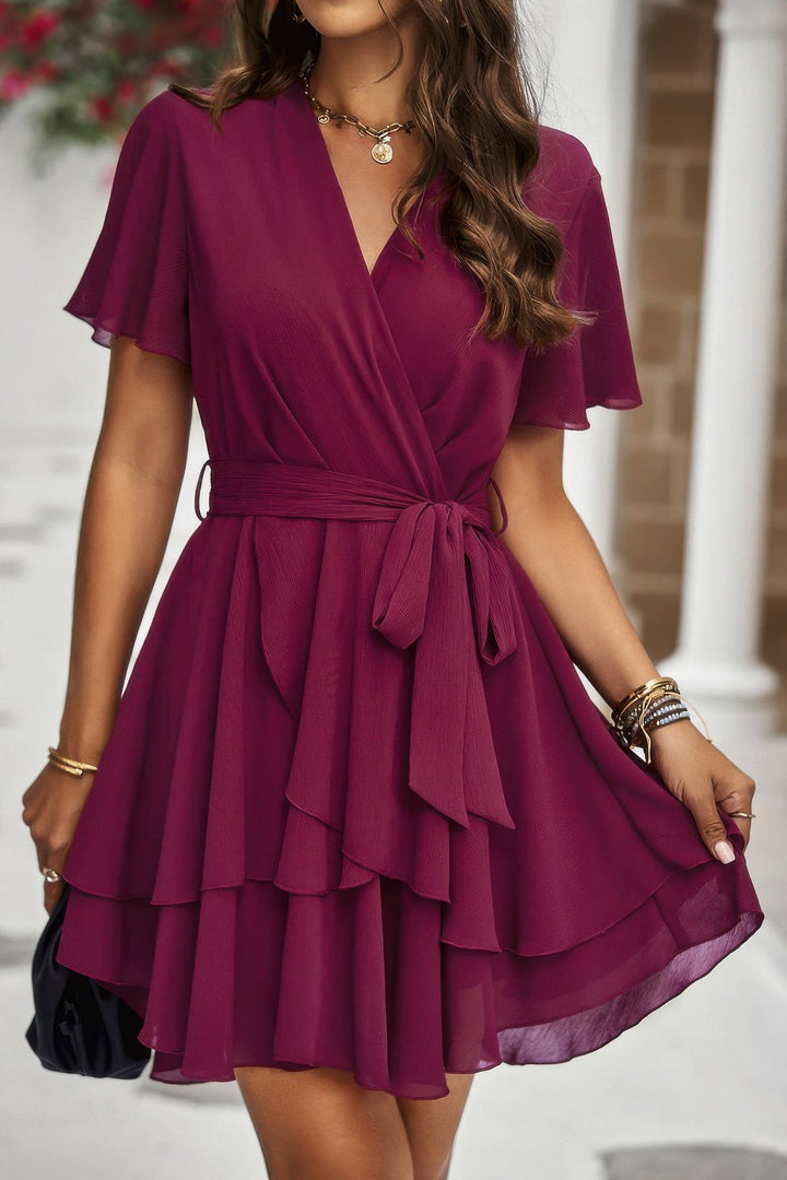 Chiffon Layer Hem Waist Tie Layer Hem Ruffle Dress