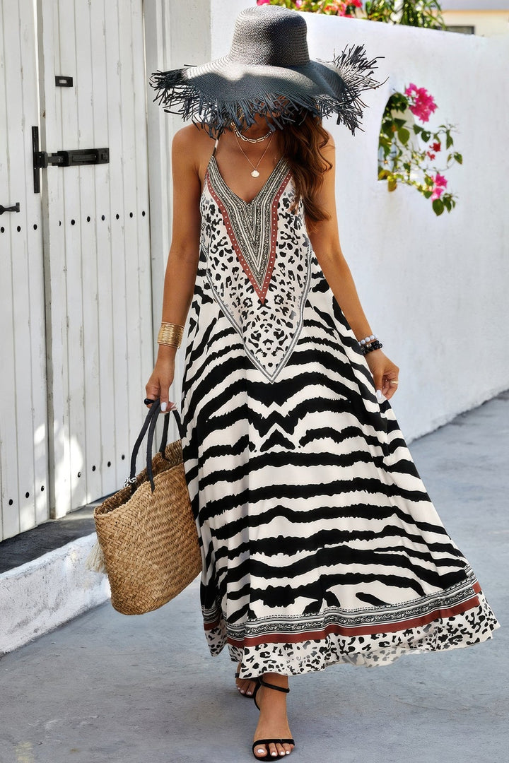 Animal Print Halter Deep V Ruffle Maxi Dress