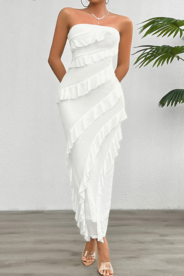 Solid Off Shoulder Ruffle Sleeveless Maxi Dress