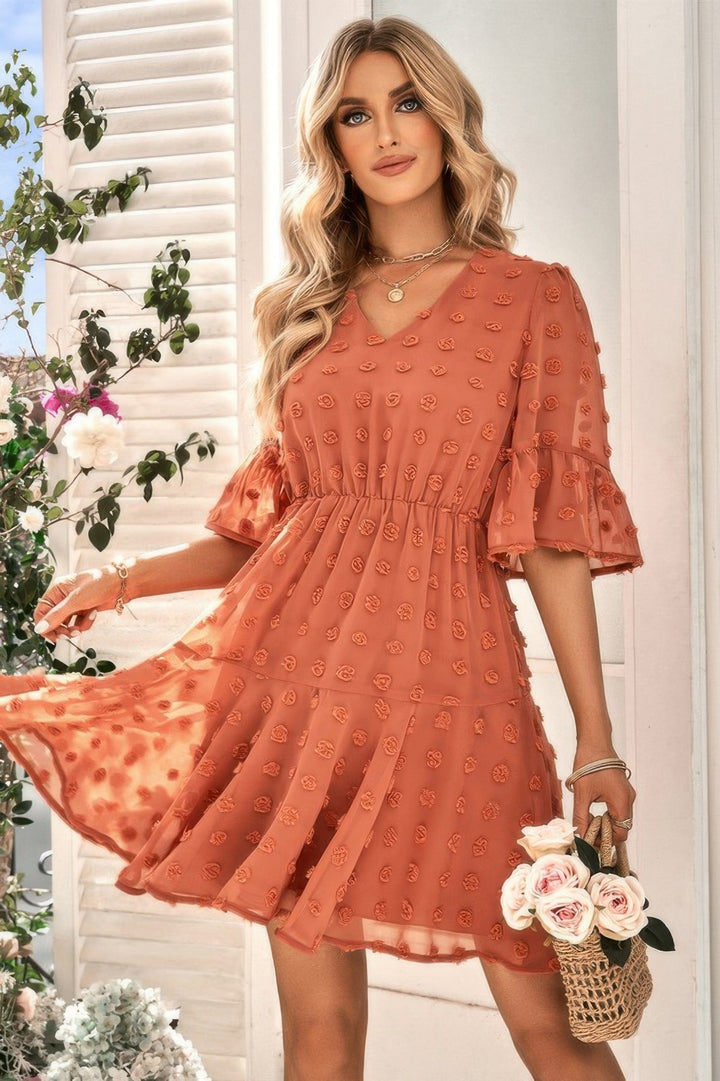 Solid Swiss Dot Flare Sleeve V Neck Dress