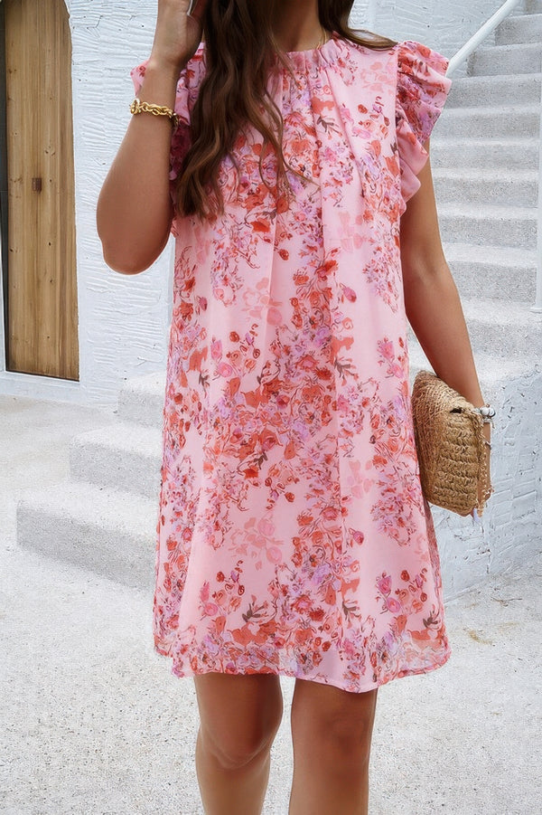 Floral Print Elegant Sleeveless Ruffle A Line Dress