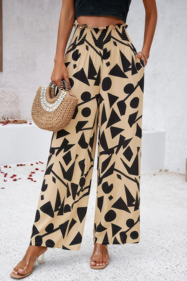 Allover Print Folded Frill Wide Leg High Waist Pant