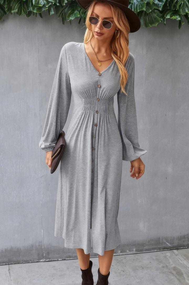 Solid V Neck Elastic Waist Button Long Sleeve Dress