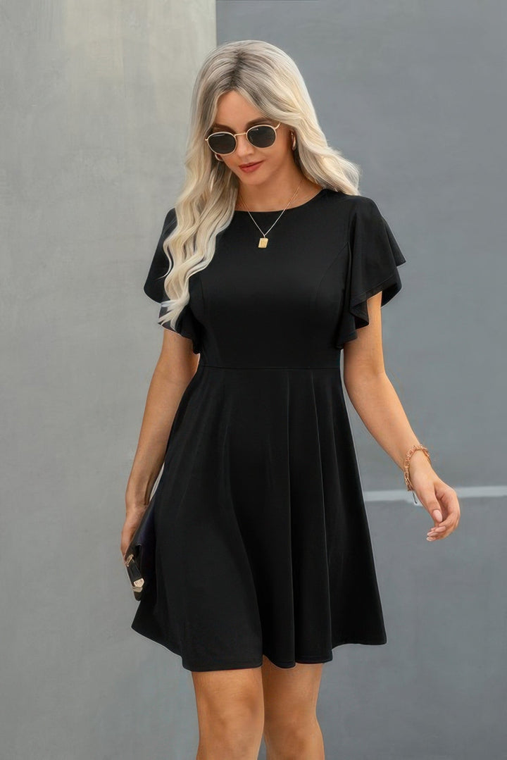 Elegant Solid Crew Neck Butterfly Sleeve Slim Dress