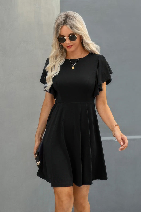 Elegant Solid Crew Neck Butterfly Sleeve Slim Dress