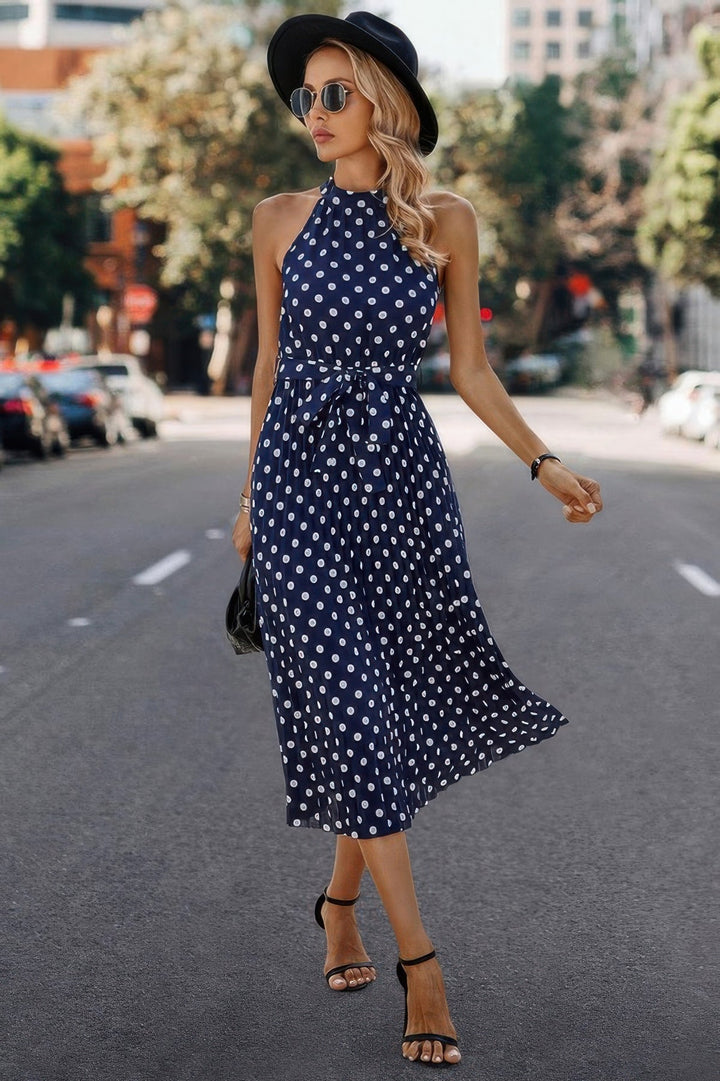 Dot Print Open Shoulder Fit Knot Belt Dress