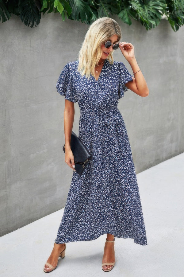 V Neck Blue Floral Short Sleeve Wrap Dress