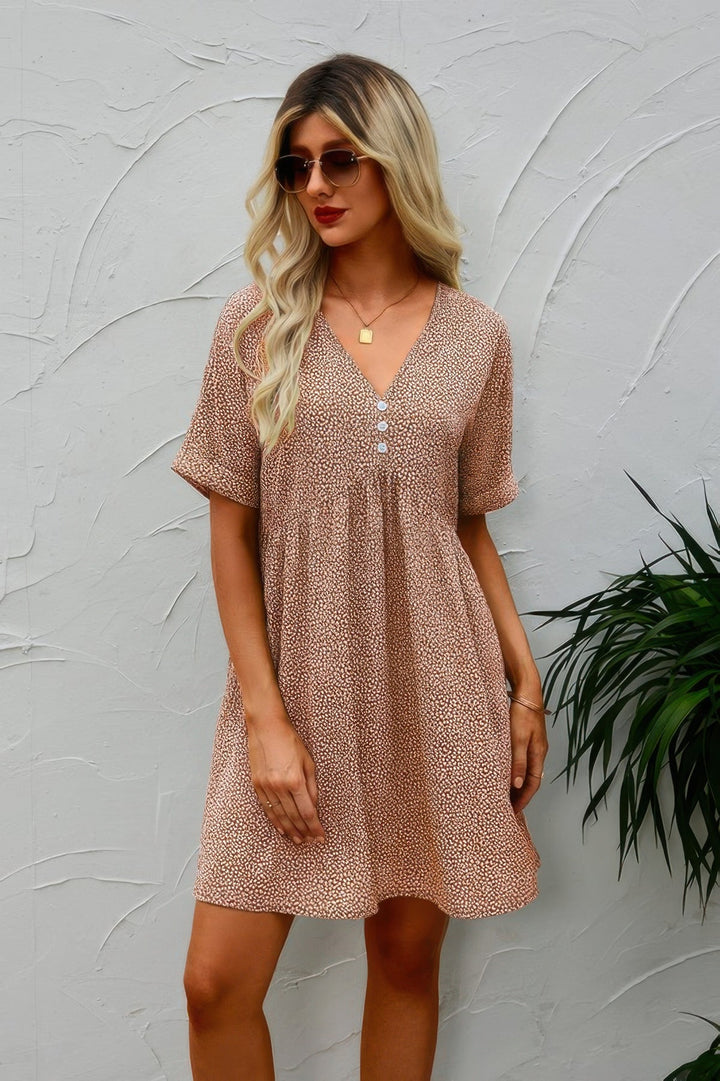 Button V Neck Short Sleeve Tunic Short Dress