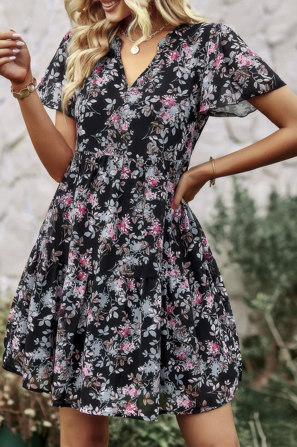 V Neck Bohemian Floral Print A Line Fit Dress