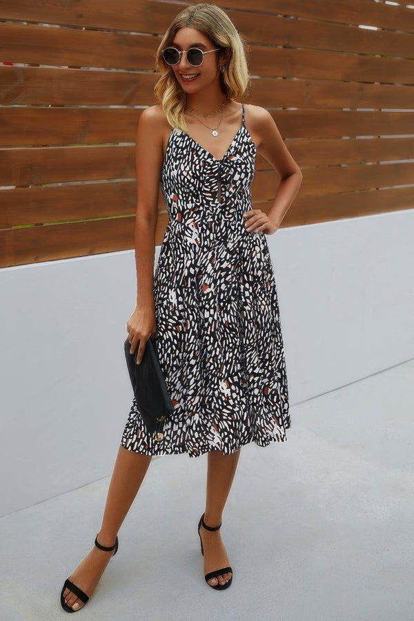V Neck Spaghetti Strap Leopard Cut Out Midi Dress