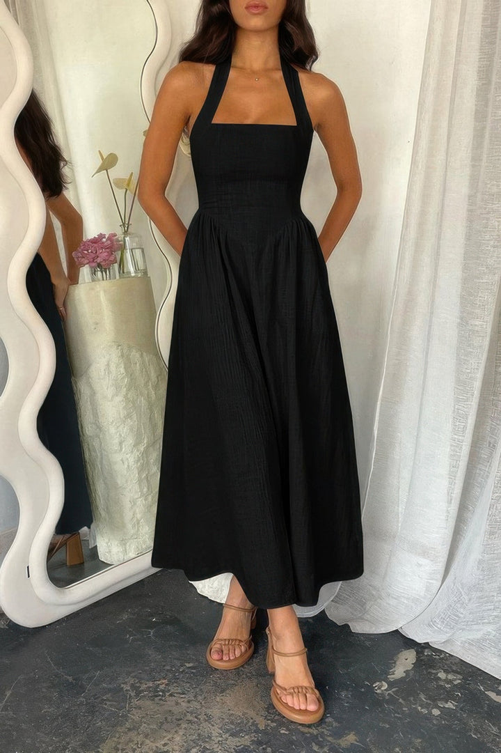 Halter Solid Pockets Sleeveless A Line Long Dress