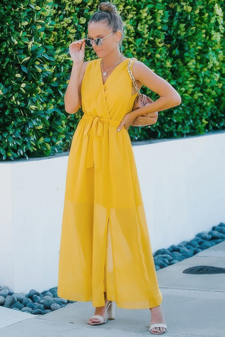 Solid Cross V Neck Sleeveless Tie Waist Split Dress