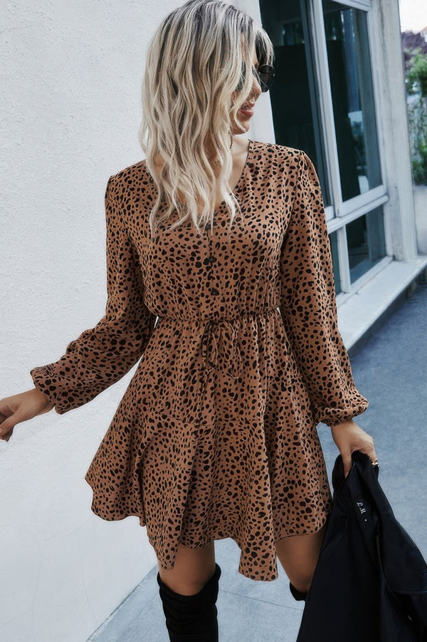 Leopard Print Waist Tie Belted Ruffle Hem Dress