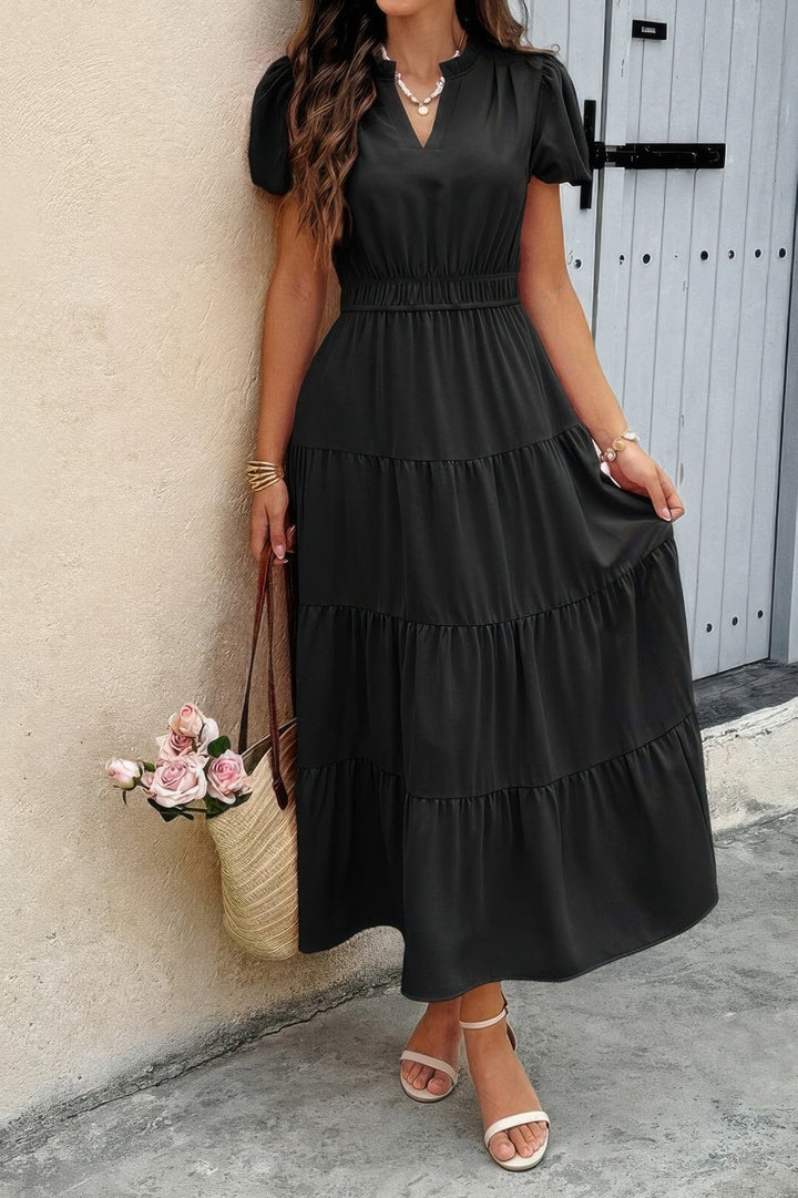 Solid V Neck Color Block Elastic Waist Dress