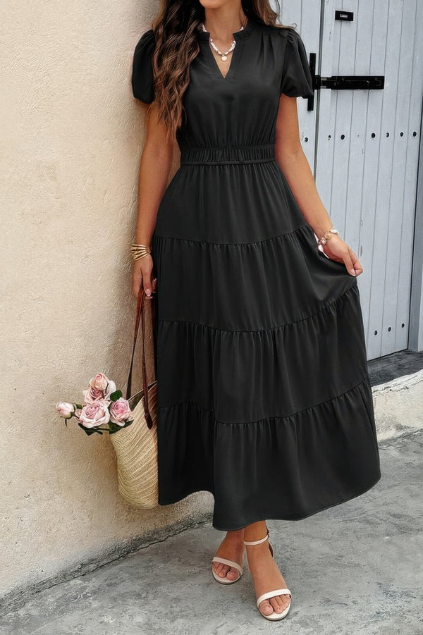 Solid V Neck Color Block Elastic Waist Dress