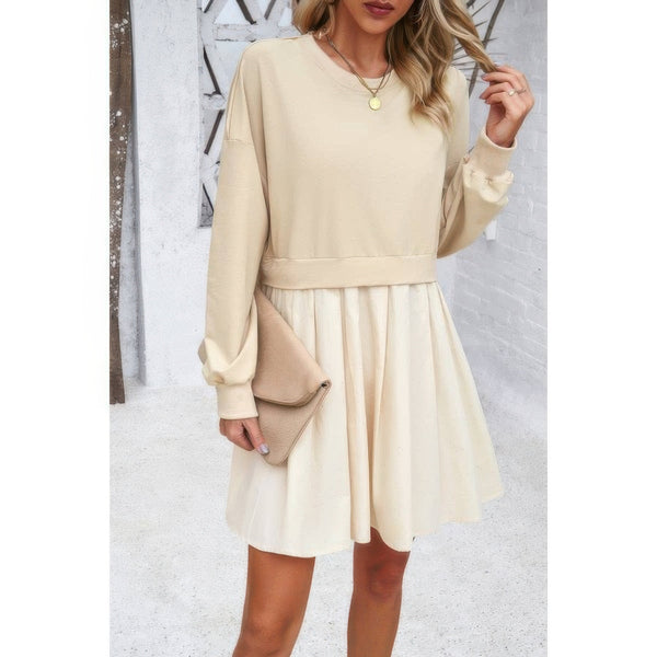 Solid Drop Shoulder Ruched Fit Patchwork Dress