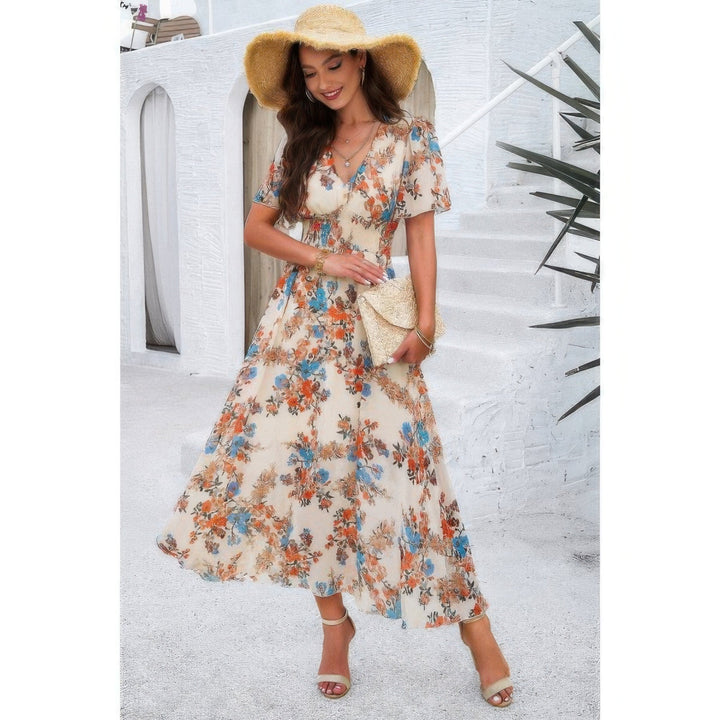Boho Floral Print High Waist Band Fit Lined Dress