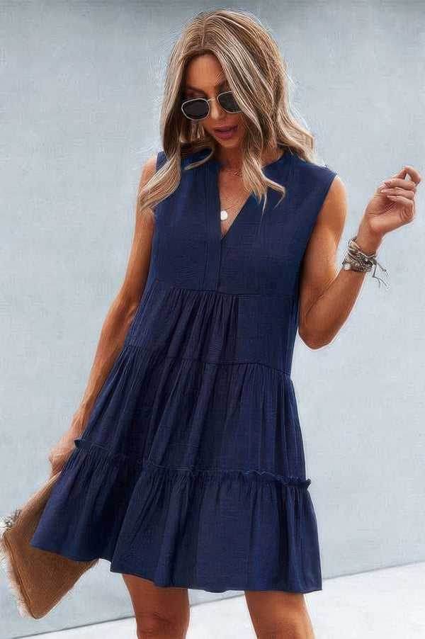 Solid V Neck Flat Collar Tiered Shift Dress