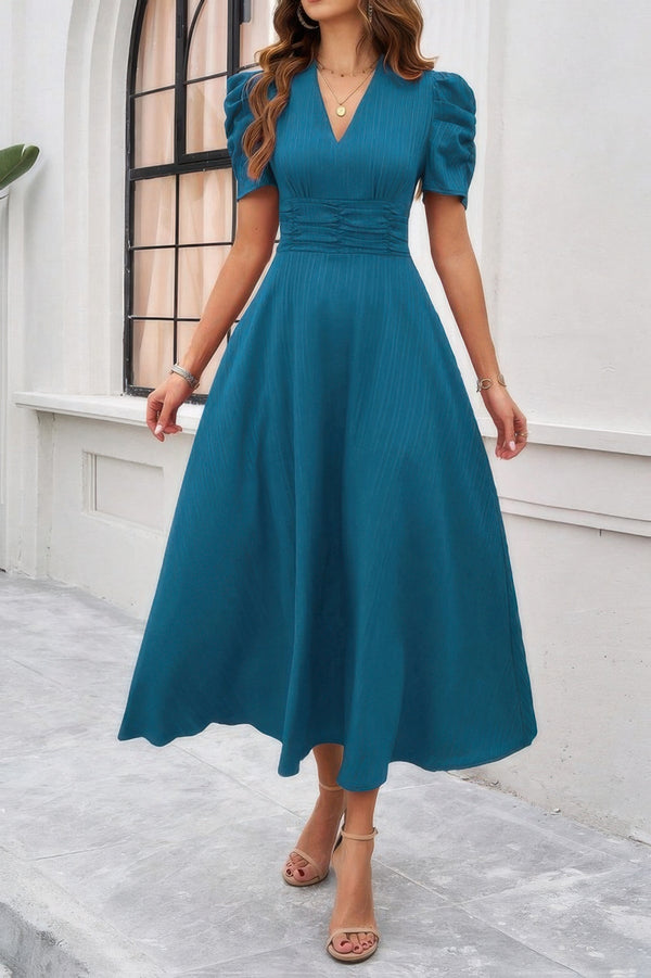 V Neck Solid Puff Sleeves Fit Full Dress