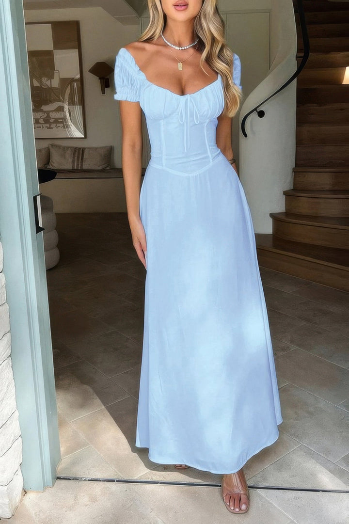 Deep Square Neck Drawstring Back Fit Dress