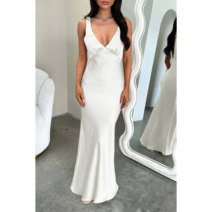 Solid Deep V Neck Low Back High Waist Full Dress
