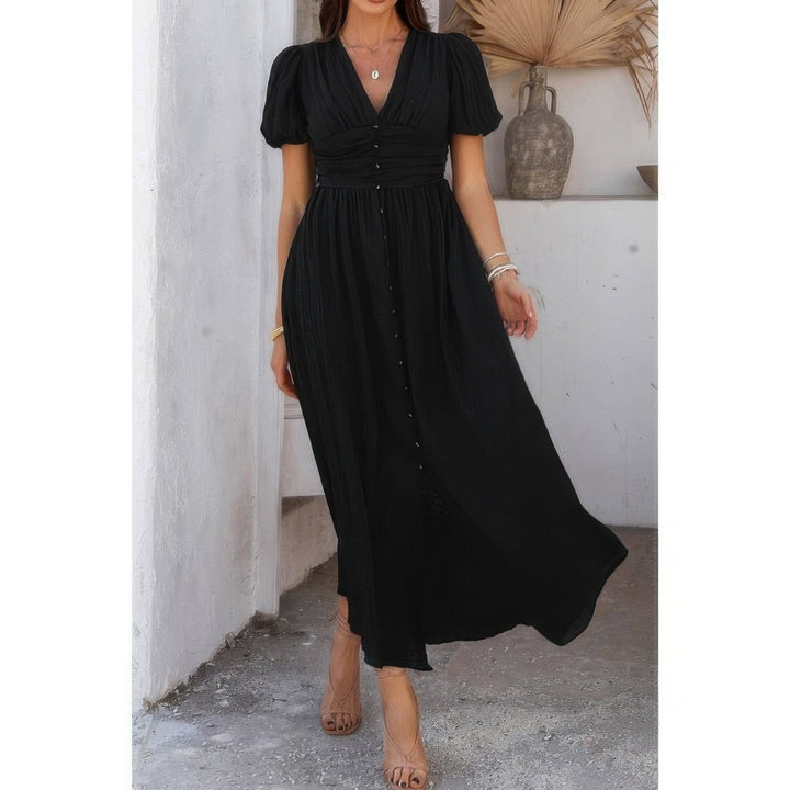 Solid V Neck Puff Sleeves Solid Knot Detail Dress