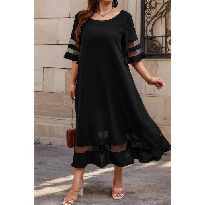 Plus Size Mesh Splicing Round Neck Long Dress