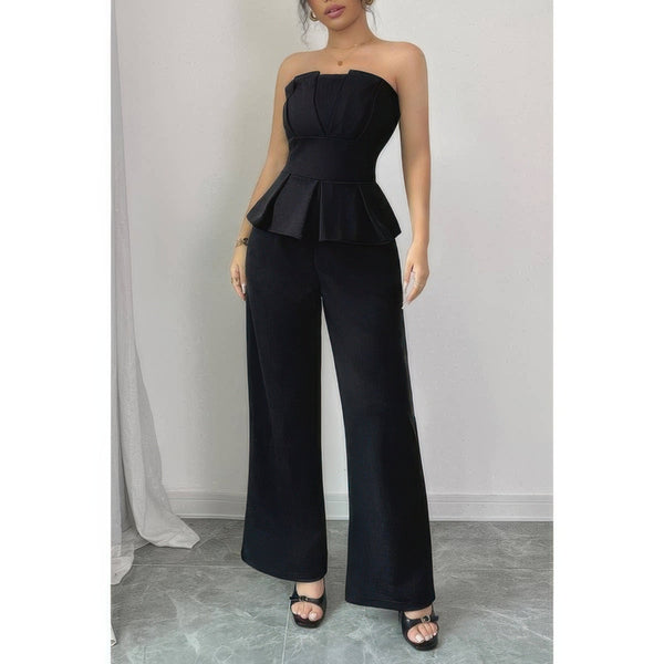 Off Shoulder Back Hide Zipper Pleated Fit Jumpsuit